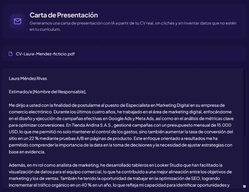 Carta de presentación generada por IA a partir de un CV, dirigida al puesto de Especialista en Marketing Digital, con logros tomados del currículum