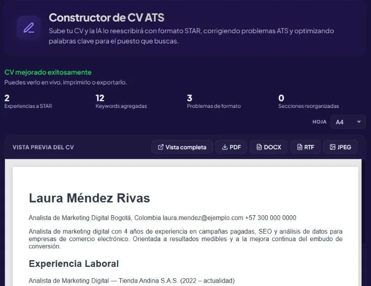 Constructor de CV ATS de VitaeIA con un CV reescrito por la IA: resumen de mejoras (experiencias a formato STAR, palabras clave agregadas, problemas de formato), botones para exportar a PDF, DOCX, RTF y JPEG, y vista previa del currículum