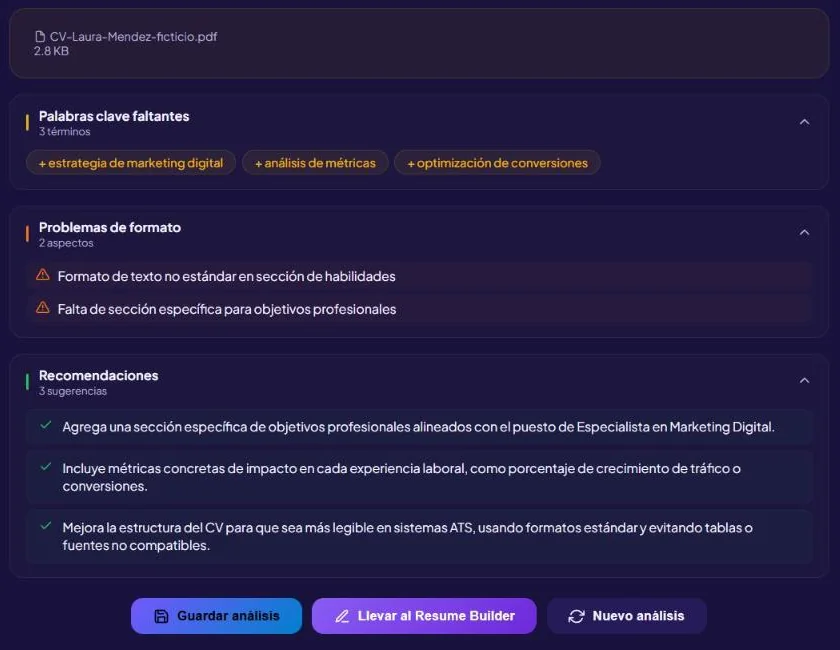 Resultado del escáner ATS de VitaeIA sobre un CV: lista de palabras clave faltantes, problemas de formato detectados y tres recomendaciones para mejorar la lectura del CV